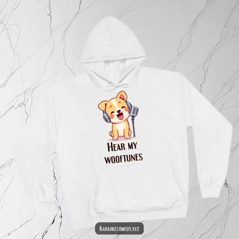 Funny dog wearing headphones, crooning into a microphone with gusto, warm and humorous hoodie.