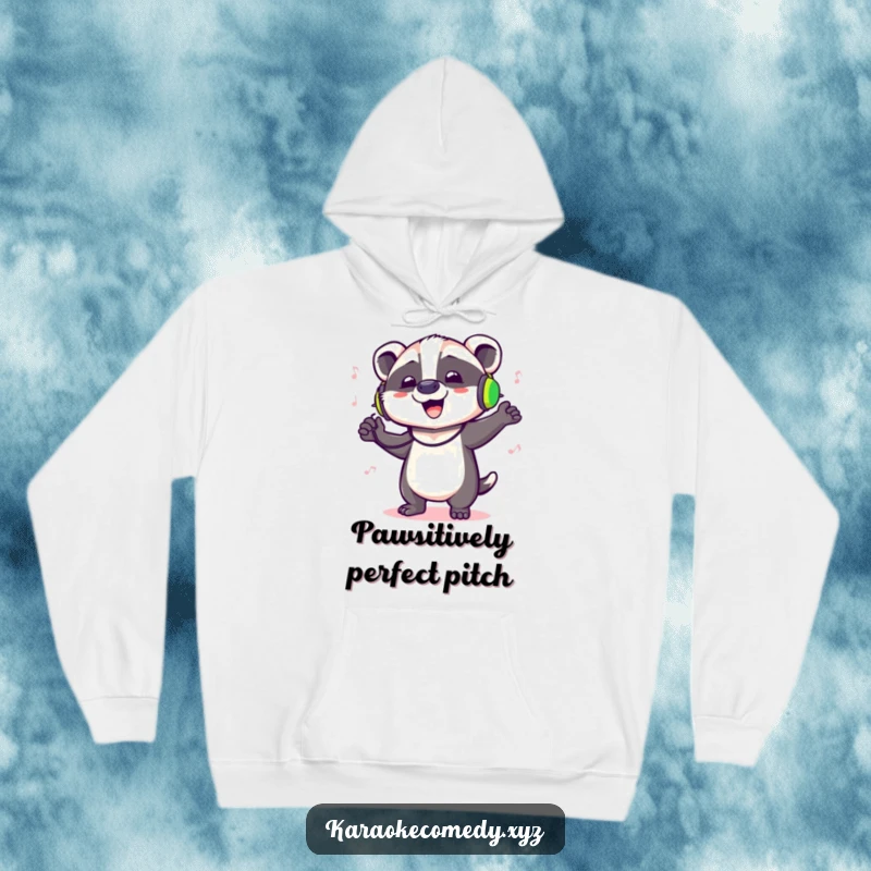 Funny hoodie showing a badger in headphones, dancing energetically and singing along to music.