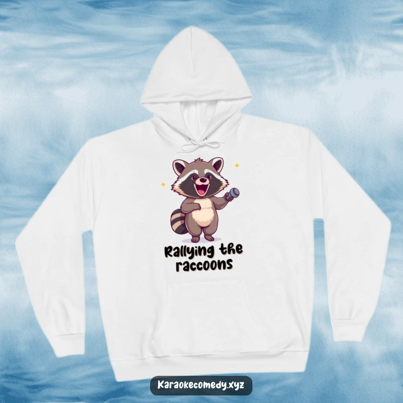 Funny hoodie featuring an excited raccoon holding a microphone, dancing with immense glee and enthusiasm.