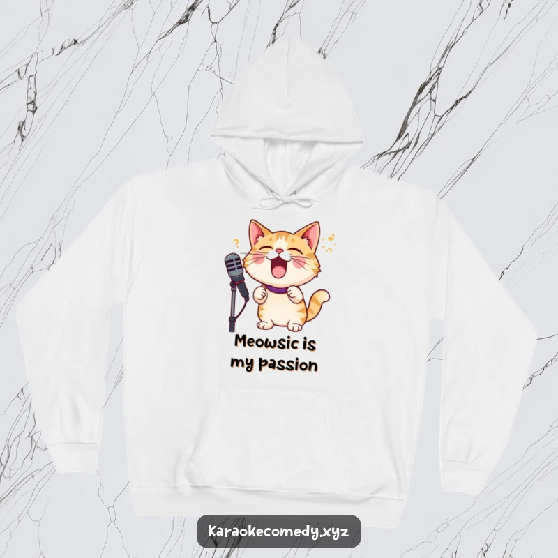 Funny cat with microphone, singing with joyful abandon, cozy hoodie for music lovers and cat fans.