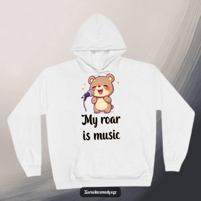 Funny bear joyfully singing into a large microphone, a warm and humorous hoodie.