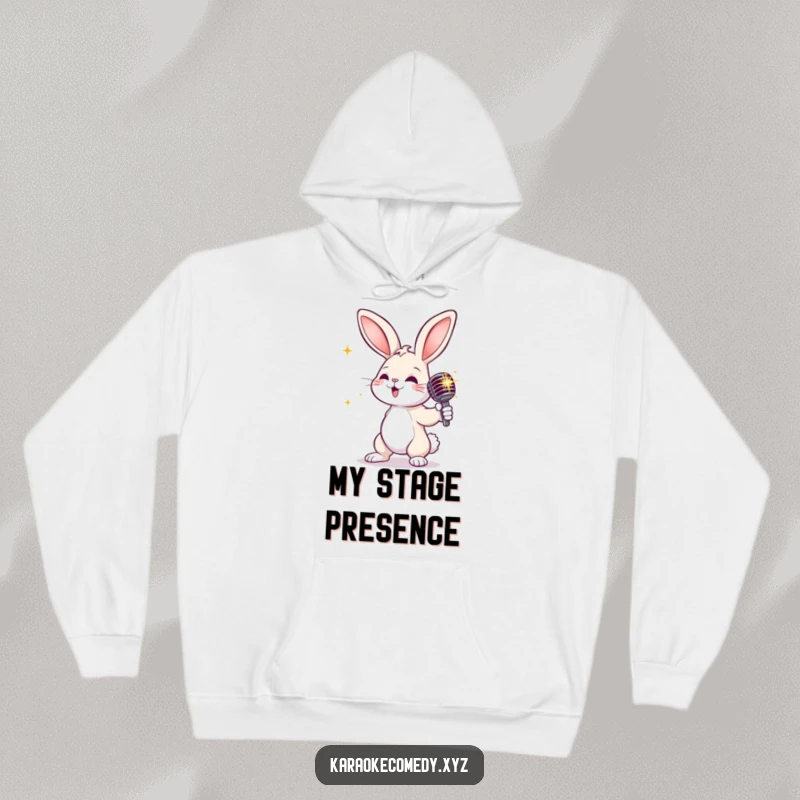 Funny rabbit with a sparkly microphone, striking a dramatic pose, a warm and glamorous hoodie.