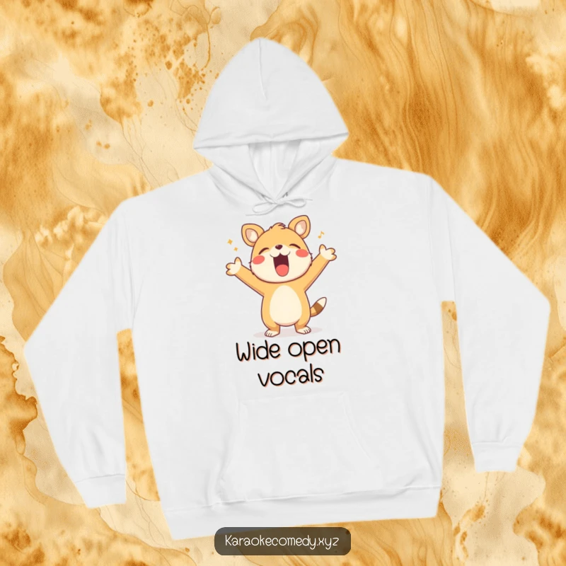 Funny Hoodie depicting a happy animal with arms wide open, singing loudly and joyfully, radiating pure ecstatic energy.