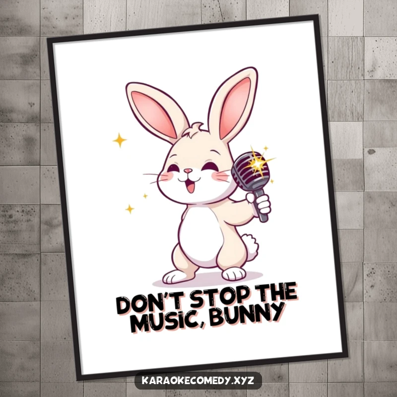 Funny Free Printable Wall Art: A fabulous rabbit striking a dramatic pose with a sparkly microphone, ready to perform.