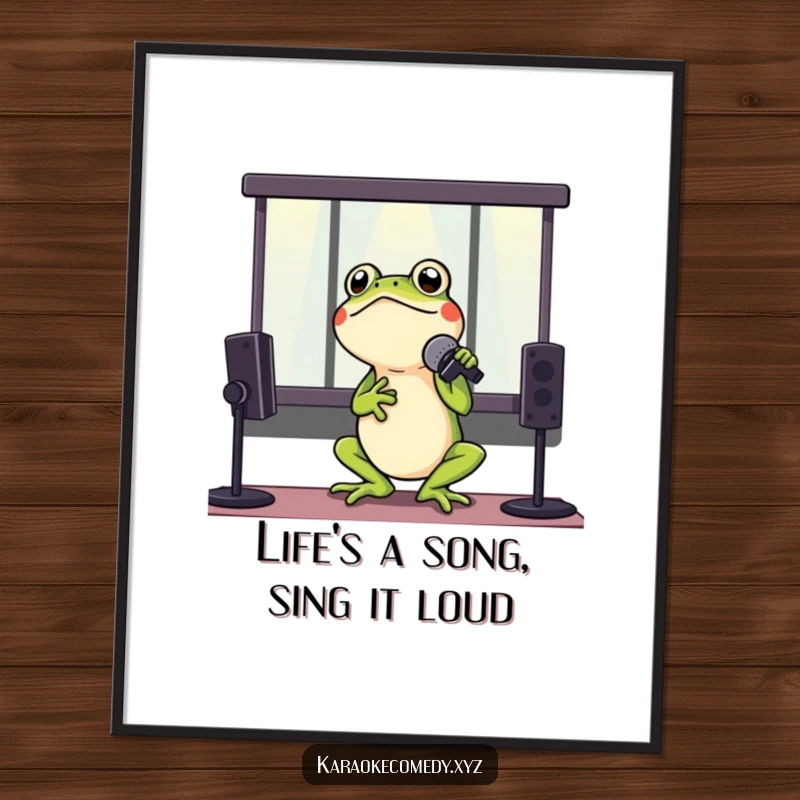 Funny Free Printable Wall Art: A frog in a karaoke booth, microphone in hand, performing with all its might.