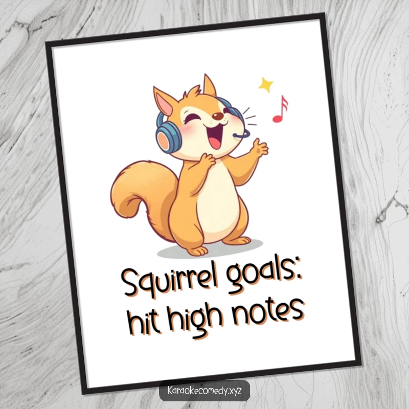 Funny Free Printable Wall Art: An ecstatic squirrel in a sparkly headset belts out a high note with pure joy.