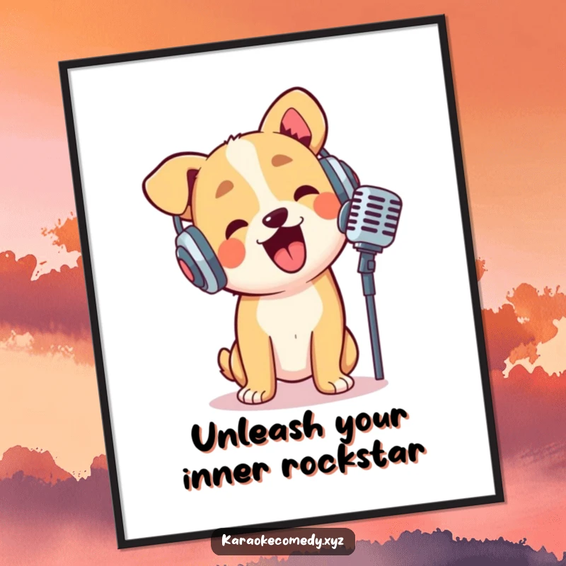 Funny Free Printable Wall Art: A dog wearing headphones, passionately singing into a microphone, looking like a true canine rock star.
