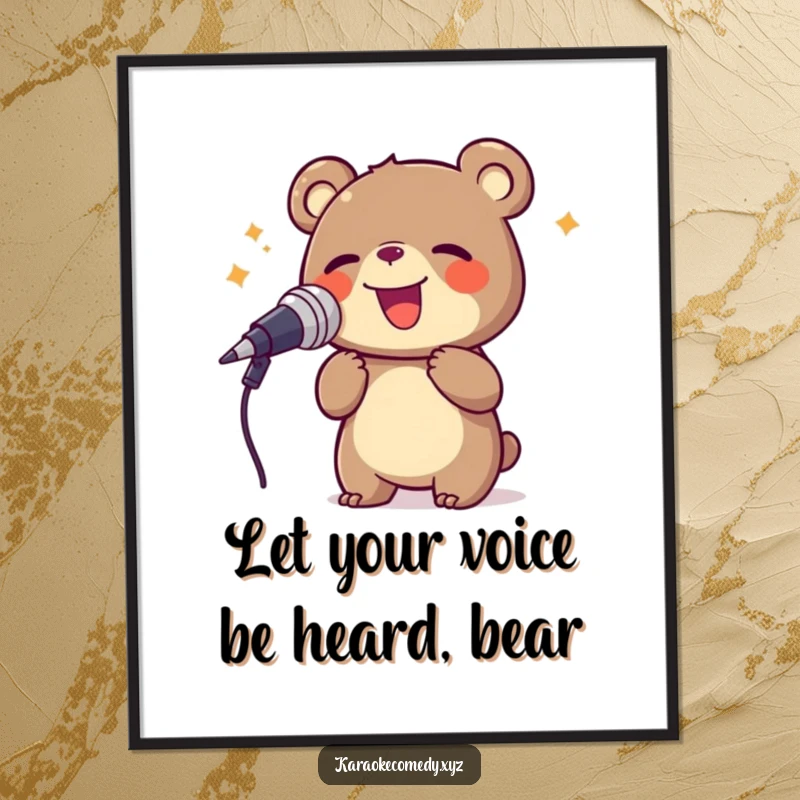 Funny Free Printable Wall Art: A cheerful bear singing its heart out into a large microphone with immense joy.