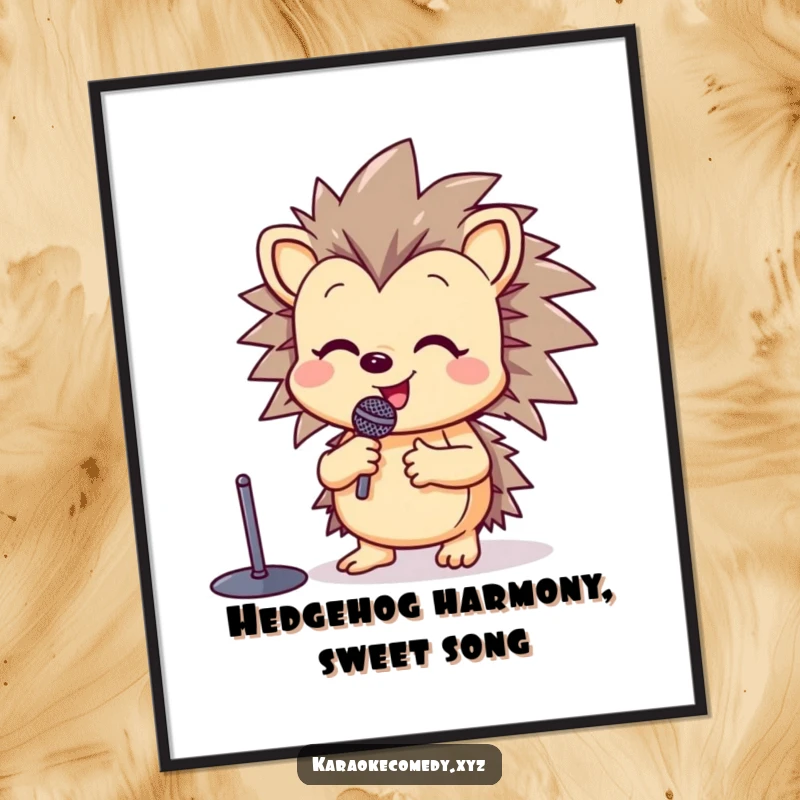 Funny Free Printable Wall Art: A happy hedgehog stands by a microphone stand, raising a paw in mid-song.