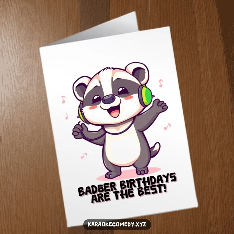 Funny Free Printable Birthday Card: A badger with headphones on, dancing wildly and belting out a tune with joy.