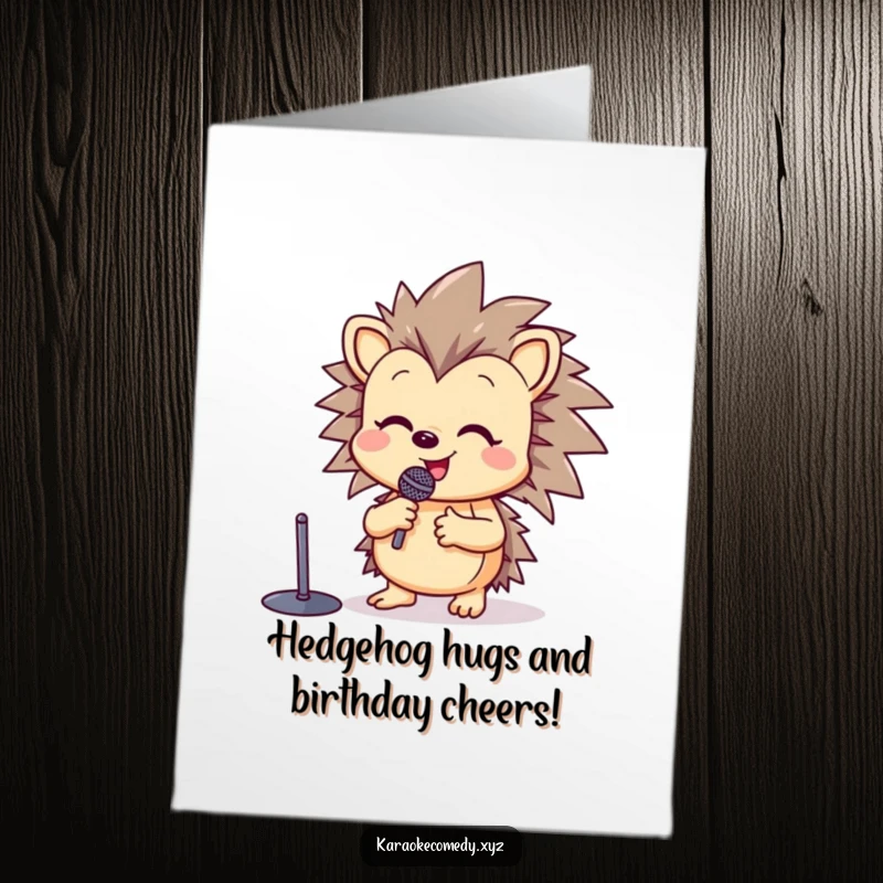 Funny Free Printable Birthday Card: A happy hedgehog stands at a microphone stand, raising a paw in song.