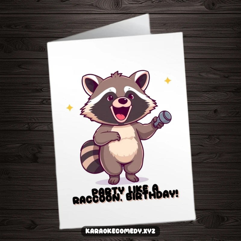 Funny Free Printable Birthday Card: An excited raccoon grips a microphone and dances gleefully, ready to celebrate.
