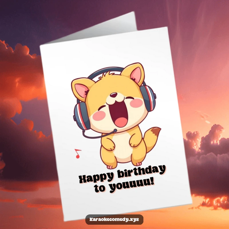 Funny Free Printable Birthday Card: An animal with headphones on belts out a tune with intense enthusiasm.