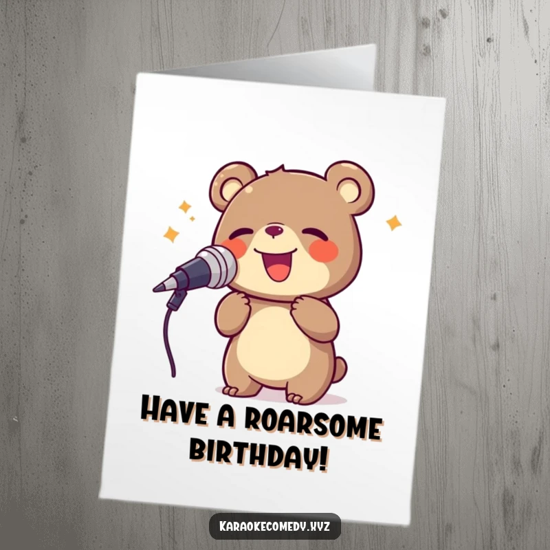 Funny Free Printable Birthday Card: A large bear joyfully singing into a big microphone with pure happiness and enthusiasm.