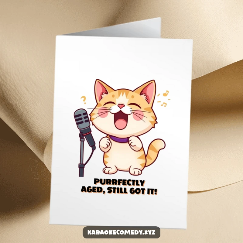 Funny Free Printable Birthday Card: A joyful cat with a microphone, belting out tunes with pure abandon and hilarious delight.