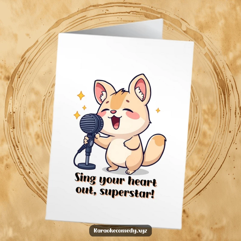 Funny Free Printable Birthday Card: A small animal belts out tunes into a giant microphone, radiating pure joy.