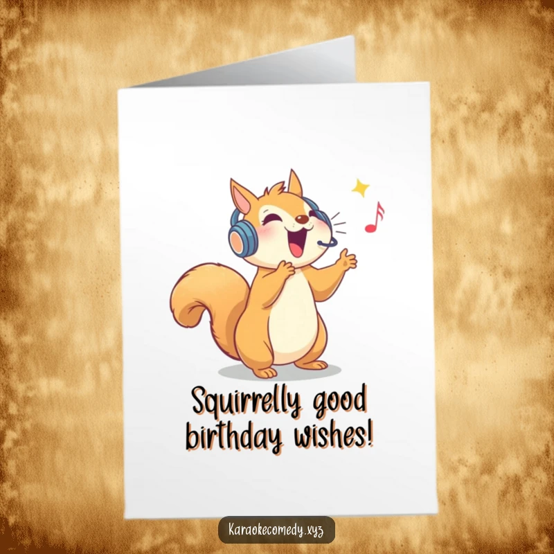 Funny Free Printable Birthday Card: An ecstatic squirrel in a sparkly headset hits a high note with passion.