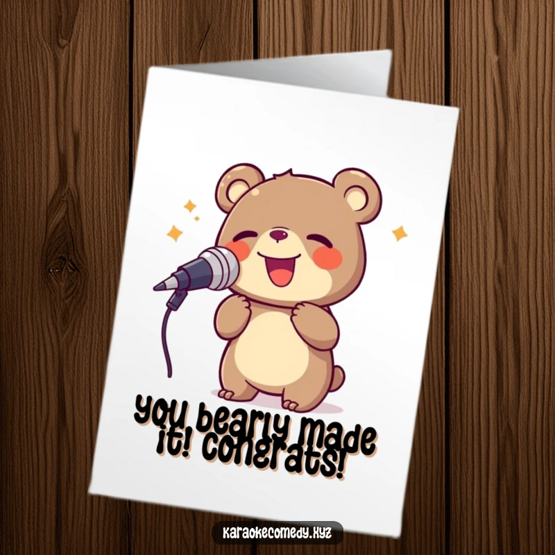 Funny Free Printable Congratulations Card: A bear enthusiastically singing into a microphone, celebrating a wonderful achievement with delight.