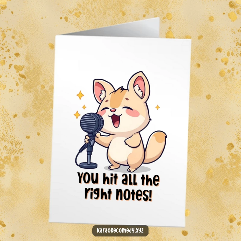 Funny Free Printable Congrats Card: A joyful animal enthusiastically sings into a large microphone, celebrating success.