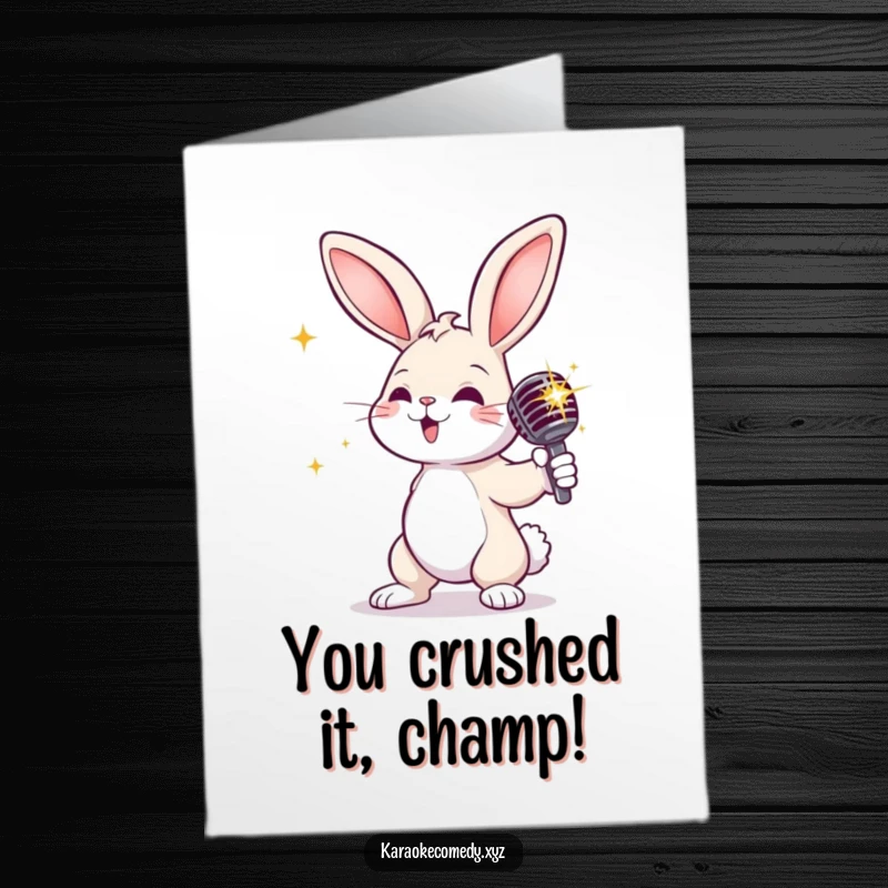 Funny Free Printable Congratulations Card: A rabbit holding a sparkly microphone, posing dramatically to celebrate a grand accomplishment.