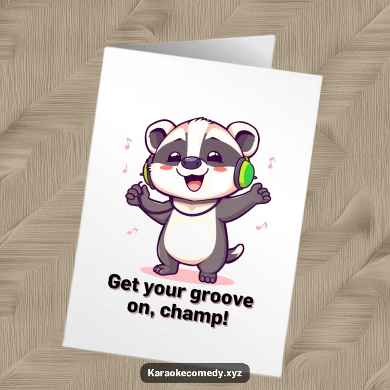 Funny Free Printable Congratulations Card: A dancing badger in headphones grooves to the music, celebrating a grand achievement.
