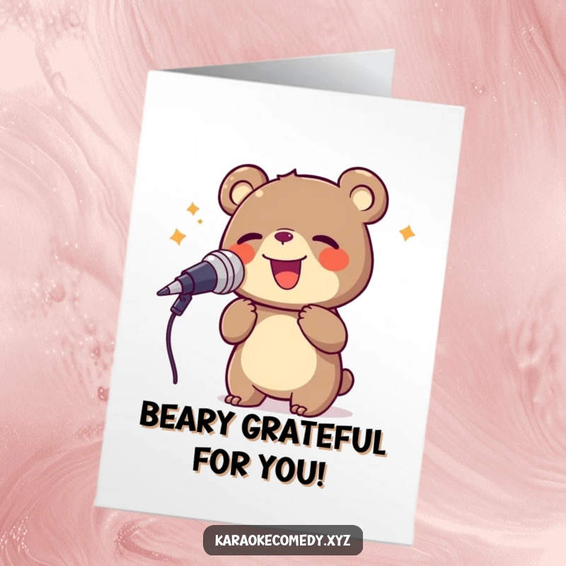 Funny Free Printable Thank You Card: A bear joyfully singing into a large microphone, conveying sincere thanks with a big voice.