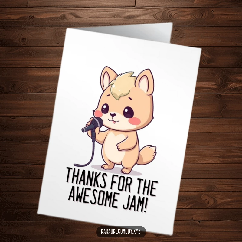 Funny Free Printable Thank You Card: An animal bops its head to a tune, holding a karaoke microphone.