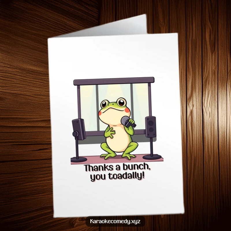 Funny Free Printable Thank You Card: A singing frog passionately belts out a song in a karaoke booth, expressing thanks.