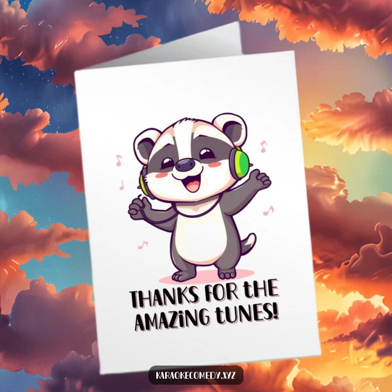 Funny Free Printable Thank You Card: A badger wearing headphones dances with pure joy, expressing gratitude through music.