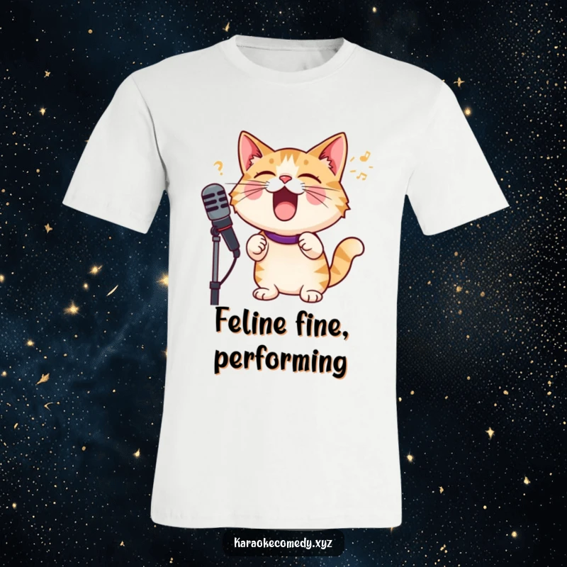 Funny cat wearing a microphone, singing with pure joy and abandon, a rockstar performer t-shirt.