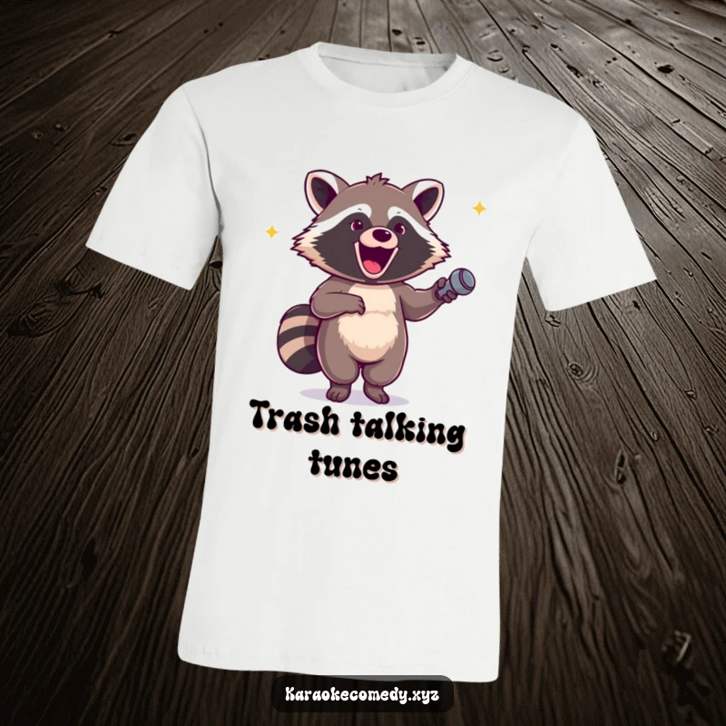 Funny t-shirt with an excited raccoon holding a microphone, dancing with infectious glee and energy.