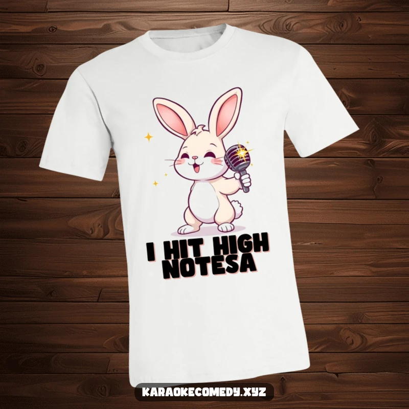 Funny rabbit holding a sparkly microphone, striking a dramatic pose, a glamorous and humorous t-shirt.