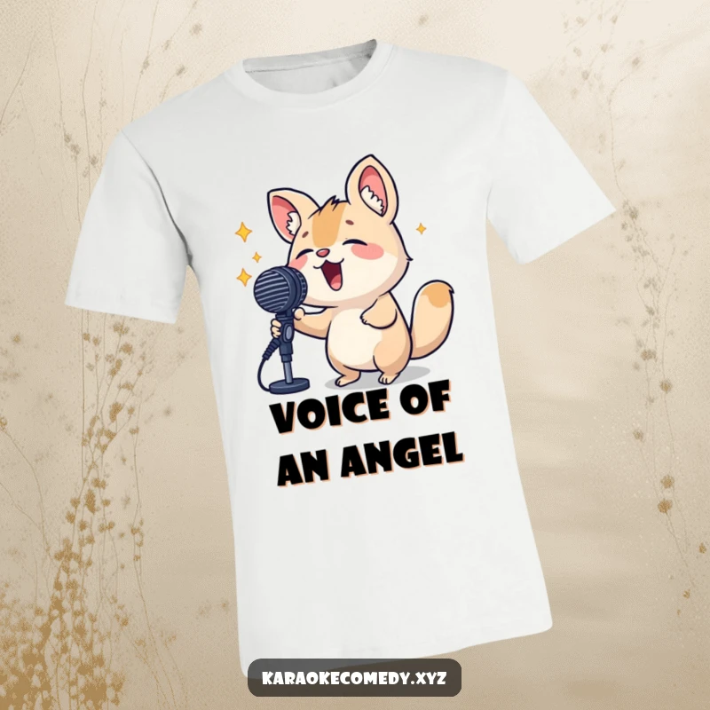 Funny T-Shirt with a small, energetic animal enthusiastically singing its heart out into a large, shiny microphone, looking like a star.