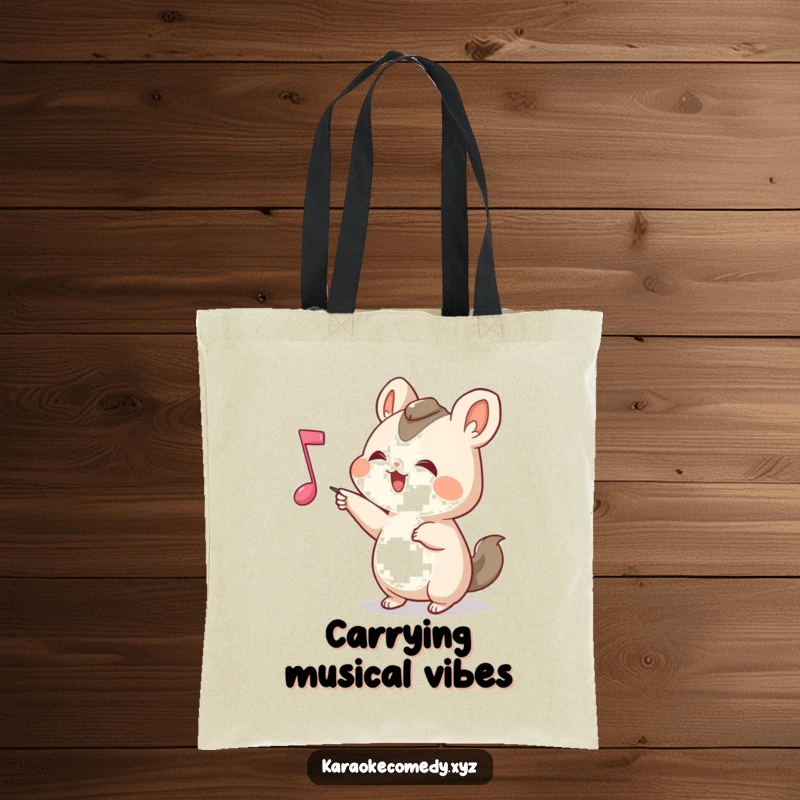 Funny Tote Bag showing a small animal joyfully pointing at a bouncing musical note, perfect for carrying music, books, and happy vibes.