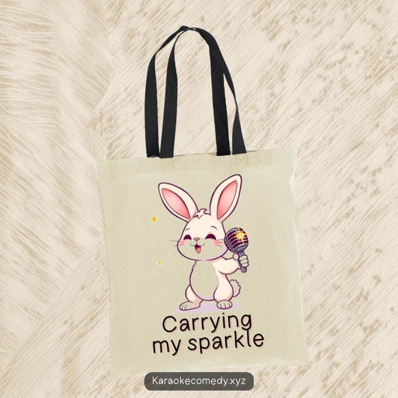 Funny rabbit with a sparkly microphone, striking a dramatic pose, a stylish and humorous tote bag.
