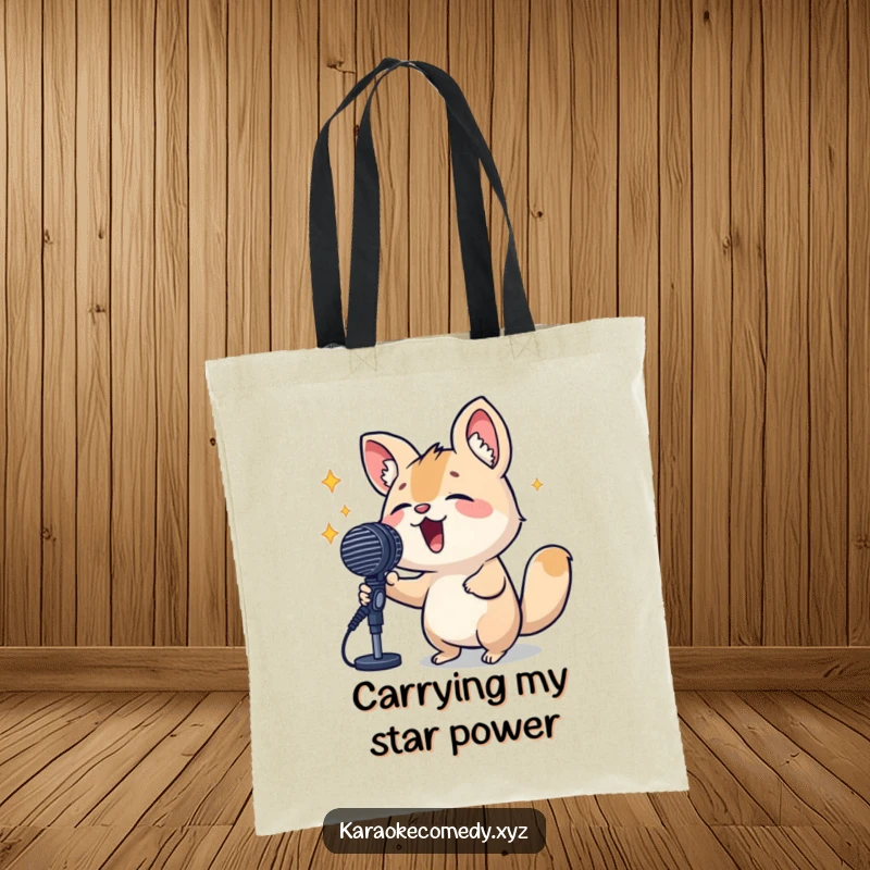 Funny Tote Bag showcasing a small, upbeat animal enthusiastically singing into a large microphone, perfect for carrying groceries and good vibes.