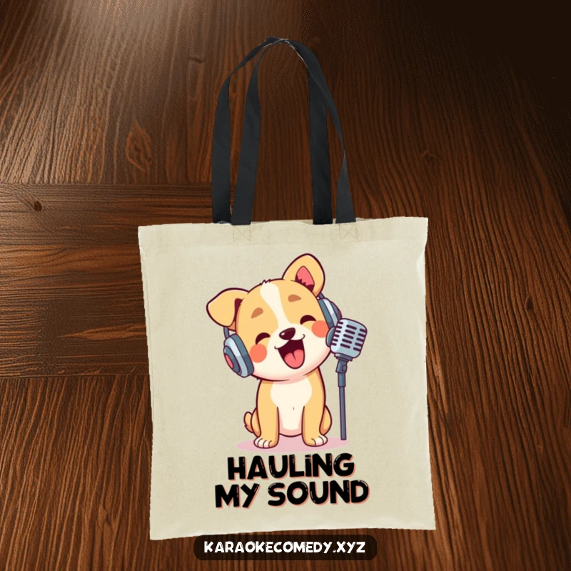 Funny dog with headphones, singing into a microphone, a functional and humorous tote bag.