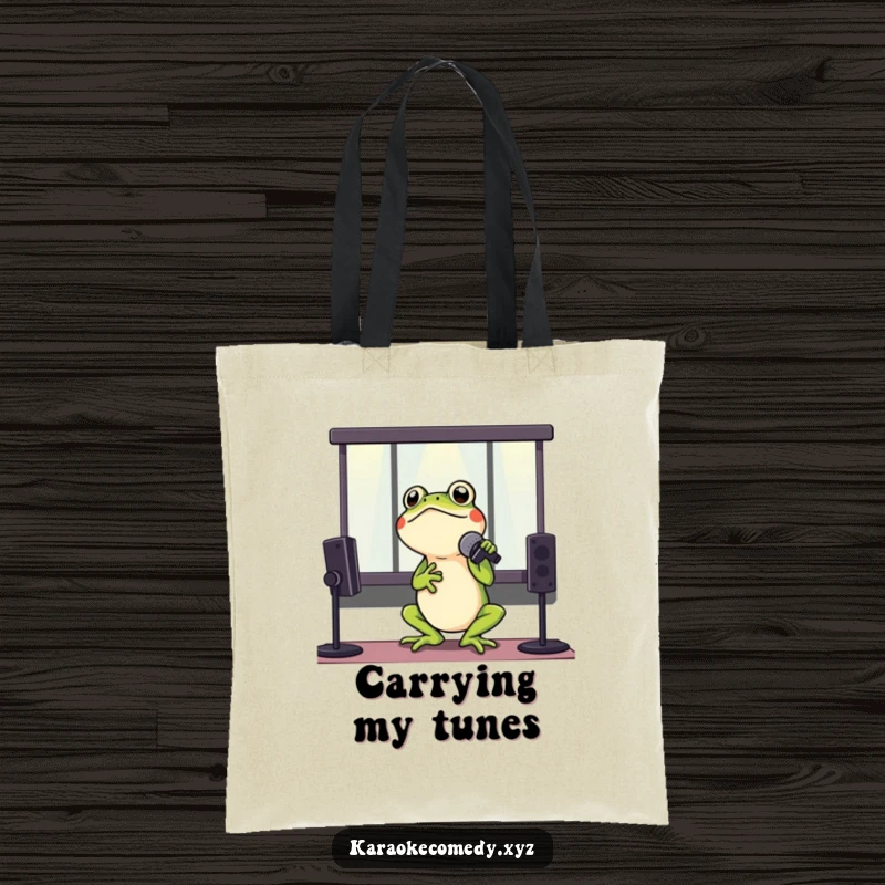 Funny tote bag depicting a happy frog enthusiastically singing into a microphone at a karaoke party.