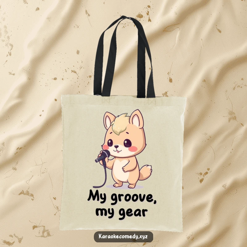 Funny Tote Bag of an animal joyfully bopping its head while holding a karaoke microphone, ideal for music lovers on the move.