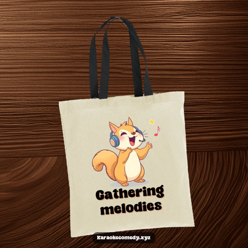 Funny tote bag with an ecstatic squirrel wearing a sparkly headset, hitting a high note with impressive vocal power.