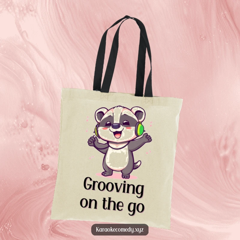 Funny tote bag with a badger wearing headphones, dancing wildly and singing joyfully.